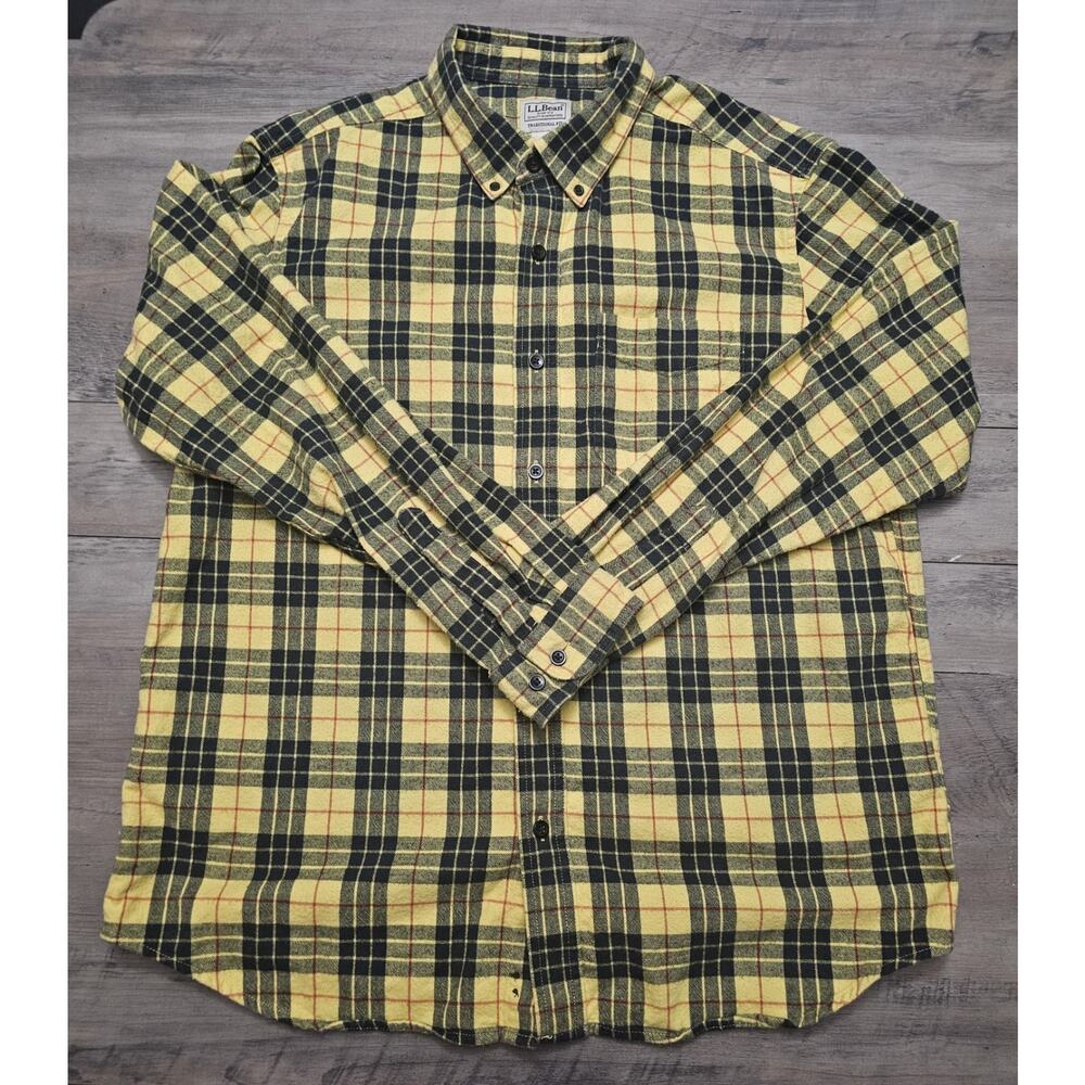 L.L.Bean Men’s L Flannel Shirt Black Yellow Red Plaid Long Sleeve 100% Cotton